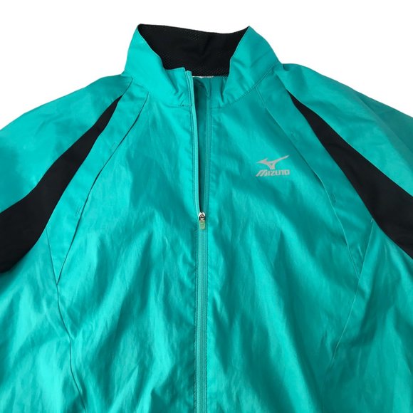 MIZUNO Athletic Windbreaker Warm Up Jacket Teal Green.  Black.  Mock Neck Zip M - Picture 8 of 12
